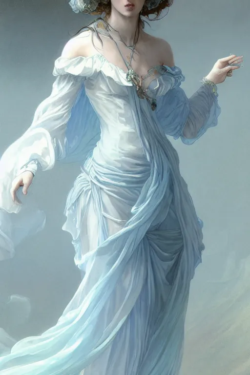 Image similar to woman dressed in a vaporous wrapped large victorian pale blue roses silk semi-transparent dress fashion is running D&D, fantasy, intricate, elegant, highly detailed, digital painting, artstation, concept art, matte, sharp focus, illustration, art by Artgerm and Greg Rutkowski and Alphonse Mucha
