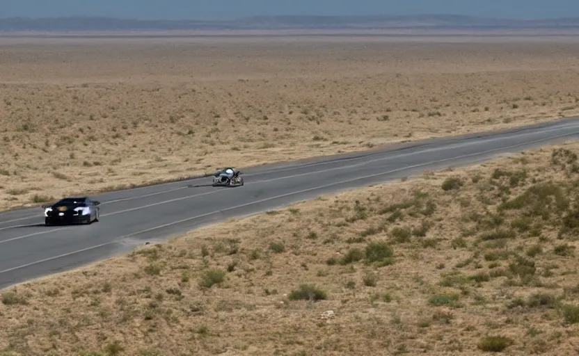 Prompt: An illegal drag race down a long straight highway, deserted, long stretch, open road