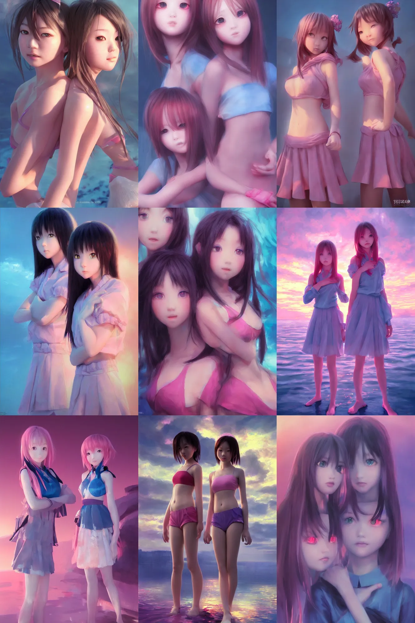 Prompt: 3d dark infrared octane render concept art by D. Jun, by Mo Xiang Tong Xiu, by Igarashi Daisuke, beauty portrait anime two schoolgirls under dark pink and blue water. pretty cute faces. sunrise. dramatic light, trending on artstation, oil painting