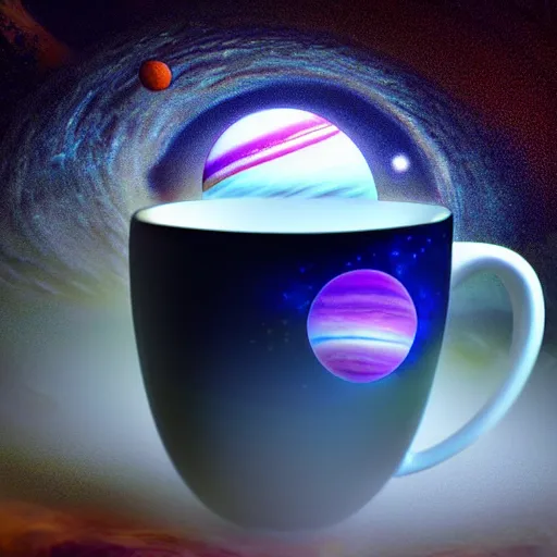 Image similar to a teacup containing a planet Jupiter as a boiling liquid, hyper realistic, digital art, colorful