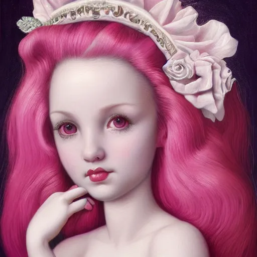 Image similar to a portrait of a beautiful woman with pink hair by mark ryden insanely quality, elegant, highly detailed, digital painting, artstation, concept art, pop, smooth, sharp focus, illustration, art by mark ryden and lisa frank 3 d 8 k ultra detailed