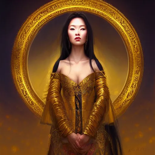 Image similar to beautiful realistic portrait of a gorgeous mongolian princess in a sensual pose covered with golden ornate armor, centered face, with full makeup, atmospheric lighting, intricate, volumetric lighting, beautiful, sharp focus, ultra detailed, in the art style of bowater, charlie, brom, gerald, lake baikal in the background, astrophotography