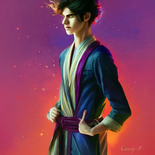 Image similar to colorful and festive captivating teenager boy with straight indigo hair, purple eyes with red eye markers, slim body, wearing a detailed japanese kimono. rich vivid colors, ambient lighting, dynamic lighting, 4 k, atmospheric lighting, painted, intricate, highly detailed by charlie bowater