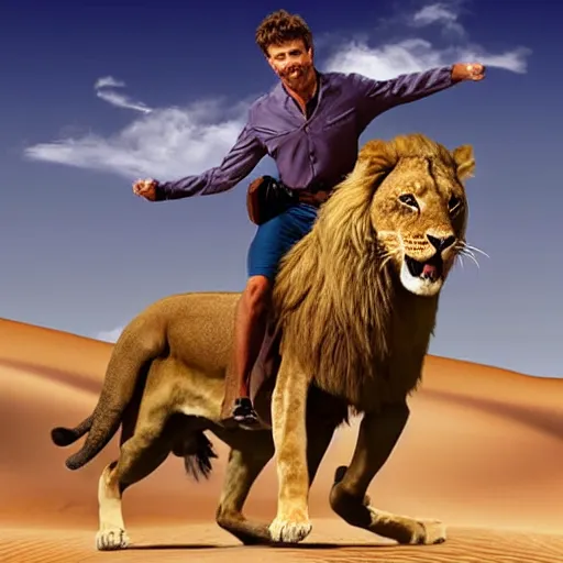 Image similar to bad copy paste photoshop of a man riding a lion in the desert.