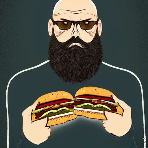 Image similar to beard man angry with italian burger. symmetrical anatomy, intricate details, digital art, baroque, pop punk art style, illustration, fantasy, accompanied by body, without duplication, dribble popular, artstation trending, drawn by ilya kuvshinov and vinicius gud and gustavo zambelli, intricate, balance rendered.