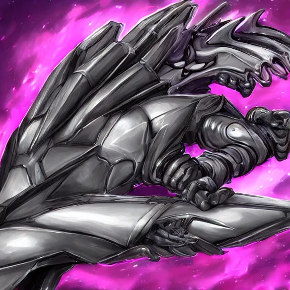 Image similar to very close up foot pov shot, hyperdetailed elegant beautiful stunning anthropomorphic mecha female dragon, laying elegantly, showing detailed dragon paws to camera, sharp claws close up, soft pads, sharp silver armor, fuchsia skin, anthro dragon art, warframe destiny fanart, furry paws furry, furaffinity, deviantart, octane, ekasportal