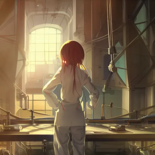 Image similar to in the hightech laboratory full of different advanced metal equipments very high details, volumetric fog, raytracing anime style girl in labcoat, fantastic details, anime art, trending on artstation, pixiv, makoto shinkai key visual kyoto animation studio ghibli tran ross and alphonse mucha and wlop concept art