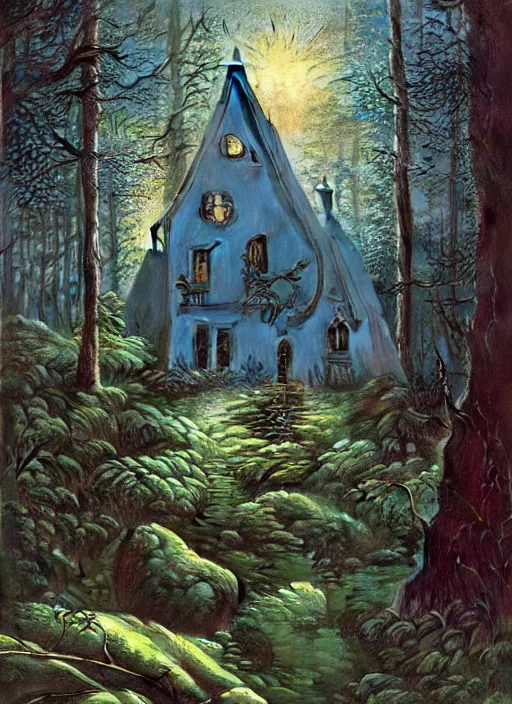 Image similar to hyper realistic witch cottage with mood lighting and technology in the woods gorgeous lighting, sunbeams blue sky, highly detailed, lush forest foliage painting by zdzisław beksinski and norman rockwell and greg rutkowski weta studio, and lucasfilm