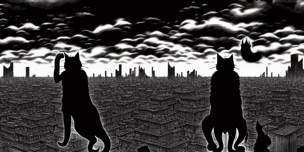 Prompt: Huge cat monster silhouette above a city, in the style of Kentaro Miura, Berserk, landscape, hyperdetailed, ultra quality, 4k, ultra details