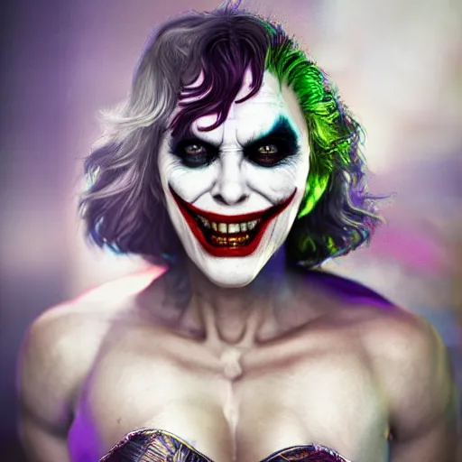 Image similar to full body pose, hyperrealistic photograph of female joker, dim volumetric lighting, 8 k, octane beautifully detailed render, extremely hyper detailed, intricate, epic composition, cinematic lighting, masterpiece, trending on artstation, very very detailed, stunning, hdr, smooth, sharp focus, high resolution, award, winning photo, dslr, 5 0 mm