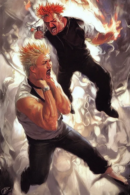 Prompt: guy fieri enraged, fighting gordon ramsay, punching, motion lines, action lines, painting by'phil hale '!!! gaston bussiere, craig mullins, greg rutkowski, alphonse mucha,