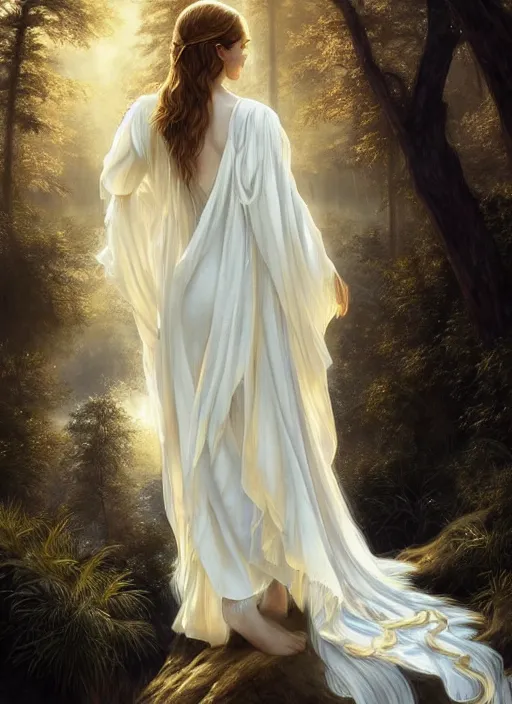 Image similar to emma watson as magic healer celestial, long hair, white and gold cloth, lake in the forest, D&D, shiny background, intricate, elegant, highly detailed, digital painting, artstation, concept art, smooth, sharp focus, illustration, artgerm, bouguereau