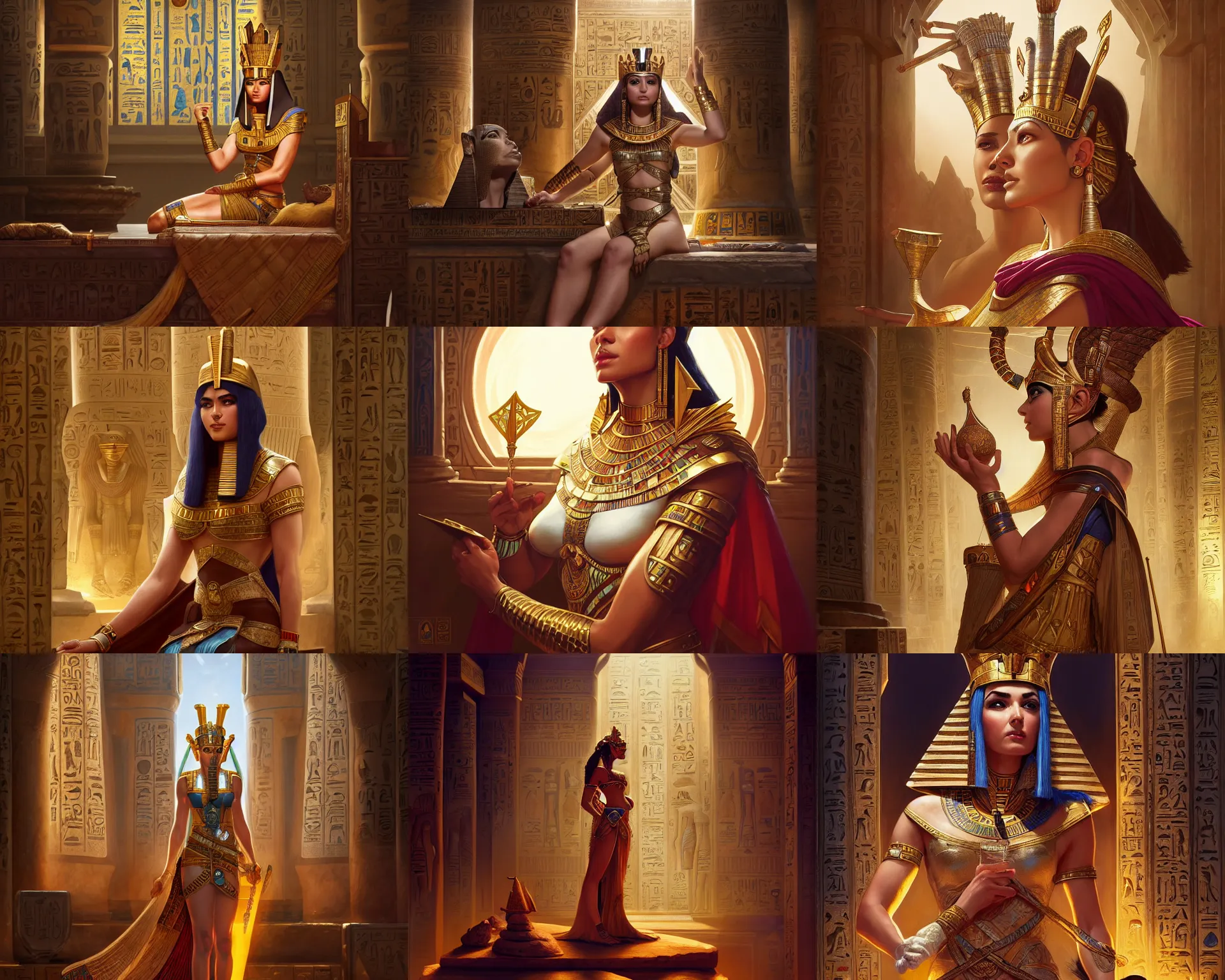Prompt: ancient egyptian queen at her royal chambers, deep focus, d & d, fantasy, intricate, elegant, highly detailed, digital painting, artstation, concept art, matte, sharp focus, illustration, hearthstone, art by artgerm and greg rutkowski and alphonse mucha