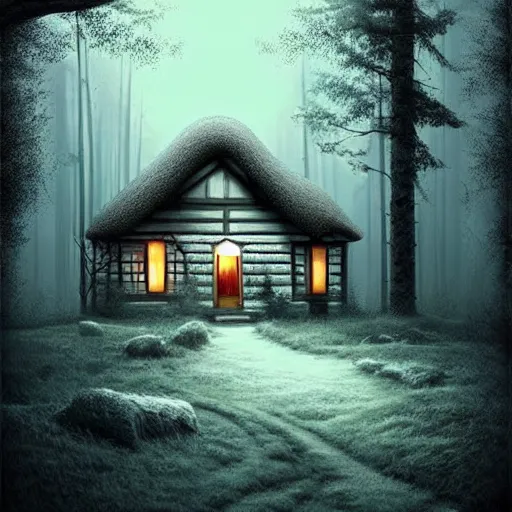 Image similar to a cottage in the woods with a notepad for front door, trending on artstation, detailed digital art, eerie thriller aesthetic!!!!,