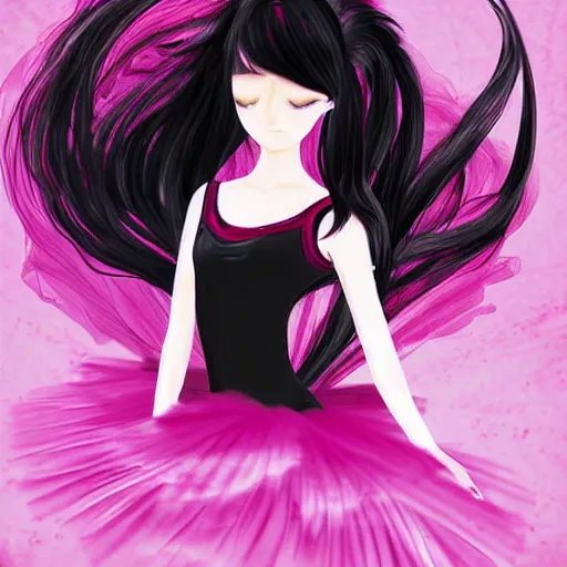 Image similar to a beautiful anime ballerina with long black hair, wearing a pink tutu, digital art, fantasy art