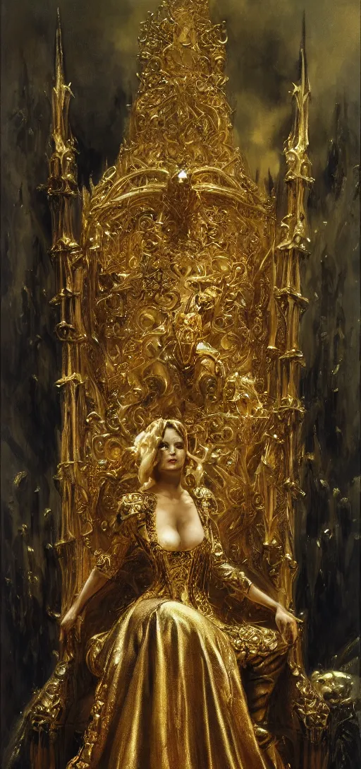 Image similar to full body portrait of beautiful vampire queen in gold gothic robe sitting on a throne of bones, elegant, highly detailed painting by gaston bussiere, craig mullins, j. c. leyendecker, 8 k, mid shot