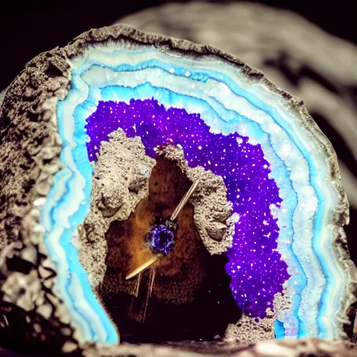 Image similar to photography of a geode with a a small body of an alien skellet inside it