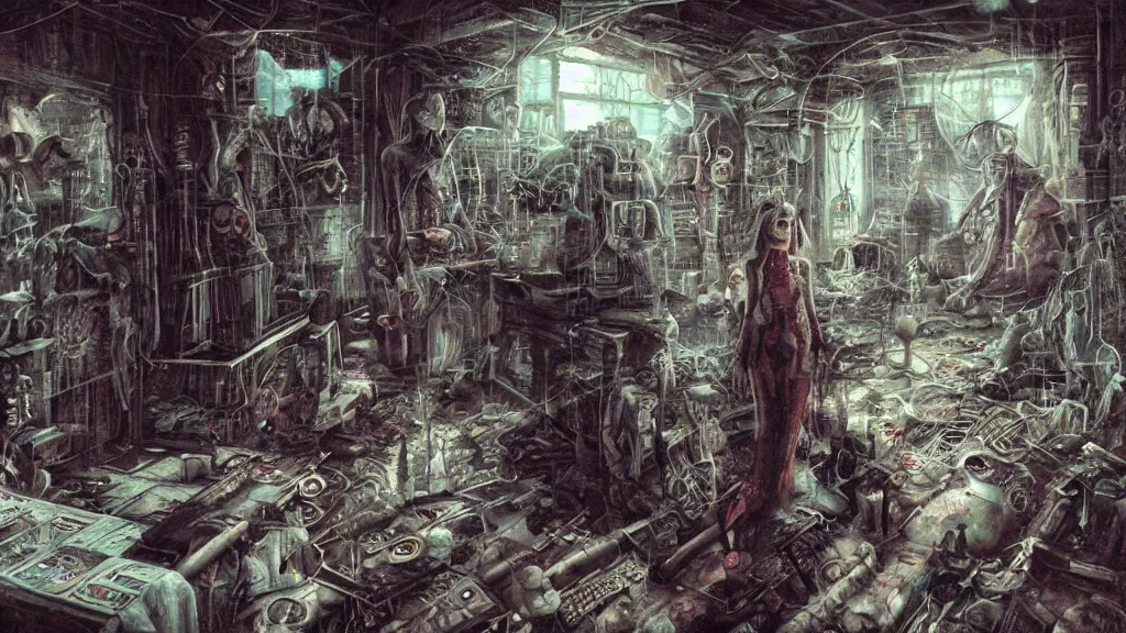 Prompt: inside a scarry hunted house with a ghost floating in the corner,, cyberpunk art by chie yoshii, cgsociety, retrofuturism, greeble, dystopian art, circuitry