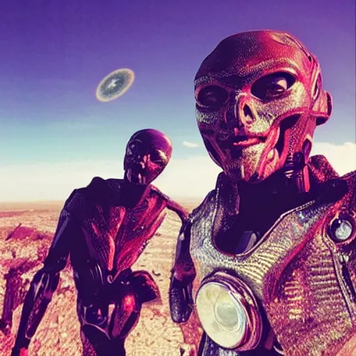 Image similar to “ our humanoid descendants in the year 2 2 0 0 taking a selfie on their sci - fi planet, award - winning details ”