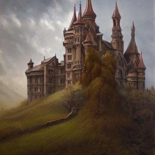 Image similar to a haunting castle in the style of zdzlaw bekinski, james gurney and ivan shishkin (oil on canvas), matte painting.