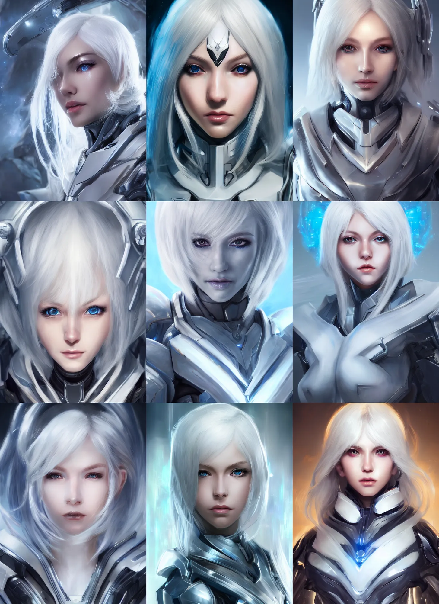 Image similar to detailed portrait of perfect white haired girl, android, warframe armor, beautiful, pretty face, blue cyborg eyes, innocent, scifi, 4 k, sun yunjoo, ultra realistic, aura of light, cinematic lighting, highly detailed, sharp focus, artstation, masterpiece, art by hyungjin yang