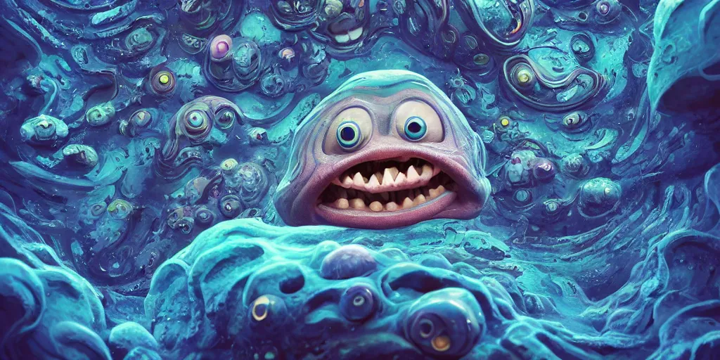 Image similar to of an intricate deep sea with strange cute friendly happy creatures with huge eyes, long tongue, round teeth and goofy funny face, appearing from the background, in the style of gehry and gaudi, macro lens, shallow depth of field, ultra detailed, digital painting, trending artstation, concept art, illustration, cinematic lighting, photorealism, epic, octane render