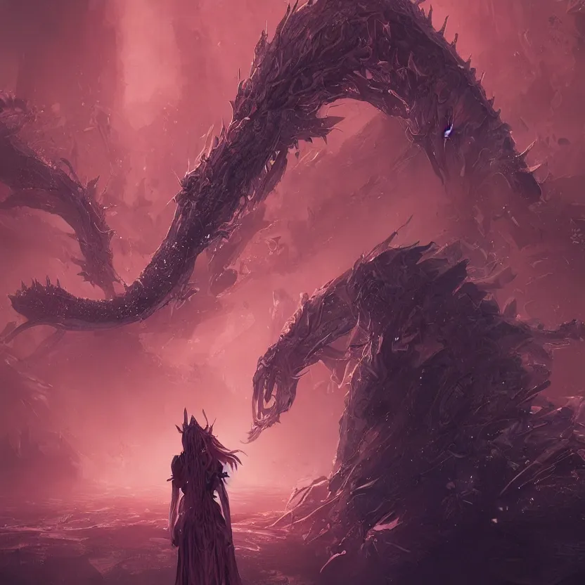 Image similar to a photorealistic rendering of # illustration a # megical # catalyst # queen in plague of dragons, # mist # horror # magic # spell, # digital 2 d, # sci - fi, # fututistic, by yoshitaka amano and alena aenami, trending on artstation, nvidia, matte painting, unreal engine