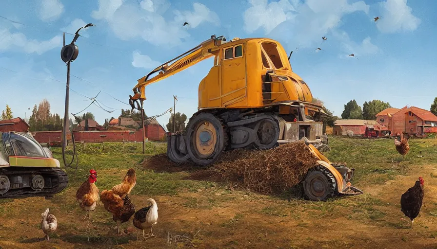 Prompt: a bulldozer accidently knocking over a chicken coop, matte painting, art station, blue sky, simon stalenhag