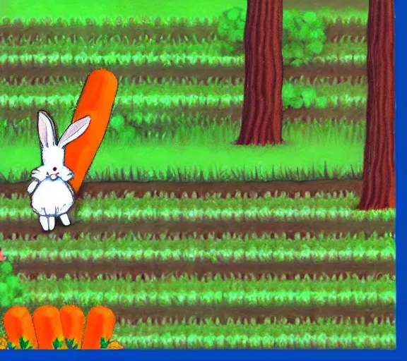 Prompt: a bunny holding a carrot in a forest, screenshot of a 1994 PS1 game