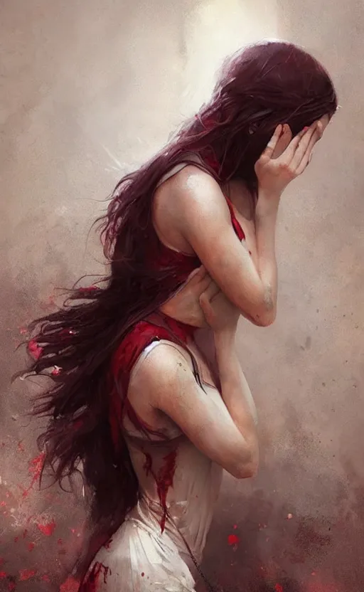 Image similar to The most beautiful arabian girl in the world crying blood ,digital art,ultra realistic,ultra detailed, ultra wide Lens, art by greg rutkowski