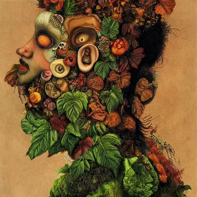 Image similar to profile portrait of a woman, leaves, by giuseppe arcimboldo,, psychedelic, surreal, sci - fi, dreamlike.