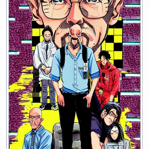 Prompt: Breaking Bad, manga cover illustration by Hirohiko Araki, Takeuchi Takashi, Pochi Iida, Masashi Kishimoto, Junichi Oda, Jojo, Shonen Jump, detailed