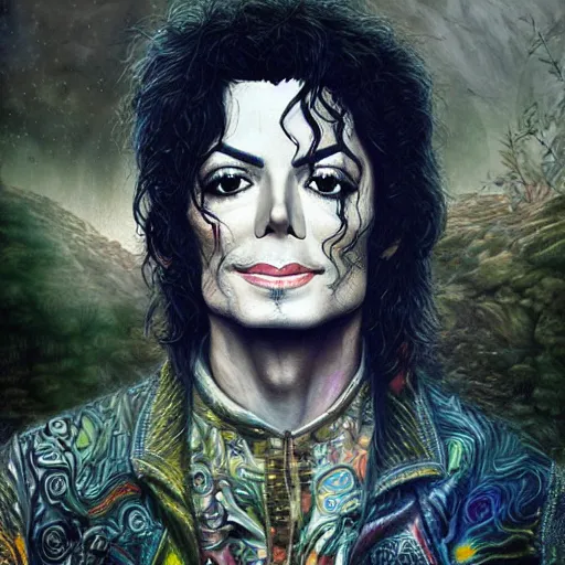 Prompt: a portrait of Michael Jackson in a scenic environment by Android Jones, hyperdetailed