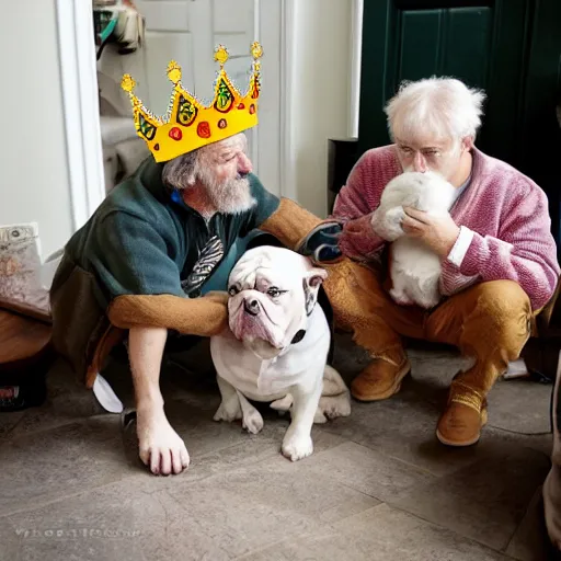 Prompt: Buddy the graying middle aged homeless man playing xbox and petting King Charles the english bulldog wearing a crown, dog wearing a crown, photo by Wes Anderson