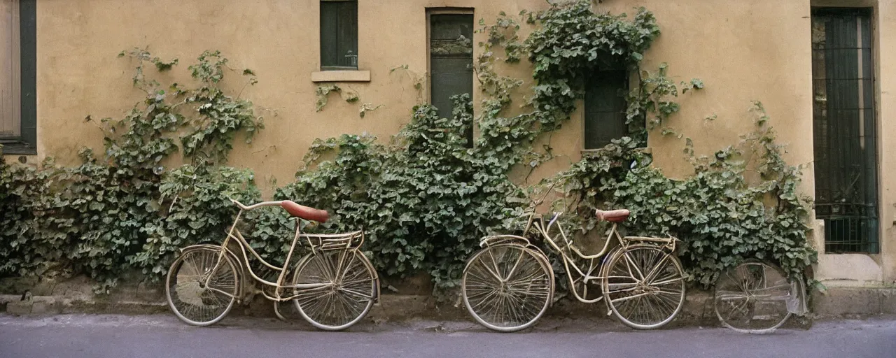 Image similar to growing!!!!! spaghetti!!!!! over ivy on a parisian side street, 1 9 5 0 s, canon 5 0 mm, bicycle, kodachrome, in the style of wes anderson, retro