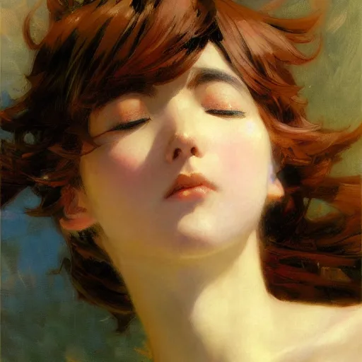 Prompt: detailed portrait of an anime girl graceful, eyes closed, painting by gaston bussiere, craig mullins, j. c. leyendecker