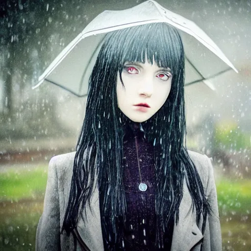 Image similar to 1 7 - year - old anime goth girl, black hair, long bob cut, long bangs, gothic coat, long bangs, united kingdom, rainy day, small town, midlands, english village, street scene, ultra - realistic, sharp details, cold lighting, blue and gray colors, intricate details, subsurface scattering, hd anime, 2 0 1 9 anime