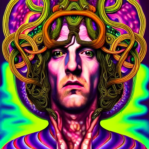 Image similar to an extremely psychedelic portrait of aleistercrowley as medusa, surreal, lsd, face, detailed, intricate, elegant, lithe, highly detailed, digital painting, artstation, concept art, smooth, sharp focus, illustration