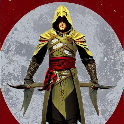 Image similar to an ultra detailed vector image of solaire of astora dressed as ezio auditore, concept art by alphonse mucha and greg rutkowski, praise the blood moon, octane render, liminal space
