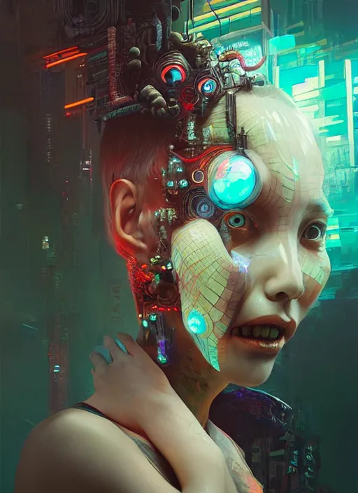 Image similar to 3 d, cyberpunk monster girl, intricate oil painting, high detail, figurative art, multiple exposure, poster art, 3 d, by tooth wu and wlop and beeple