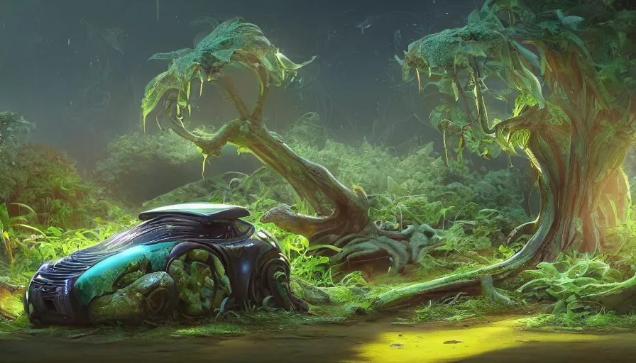 Image similar to A fancy alien car abandoned on a magical biome of full of oddities, slimy plants and trees, goofy, sparky, positive vibes, behance, artstation, unreal render, unreal engine 5, octane, smooth, 8k