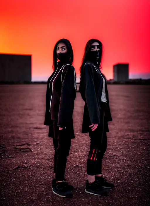 Image similar to cinestill 5 0 d photographic portrait of 2 women wearing black techwear in front of a brutalist sharp - edged metal building, closeup, on a desolate plain with a red sky, dystopia, cyberpunk, closeup, depth of field, 4 k, 8 k, hd, full color