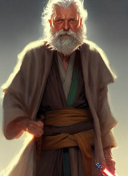 Image similar to old man with light beard, long hair, jedi, modern, colourful!! highly detailed, digital painting, artstation, concept art, sharp focus, illustration, by greg rutkowski