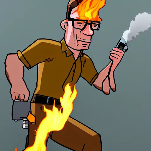 Image similar to hank hill with a flamethrower 4 k epic deviantart artstation dynamic pose