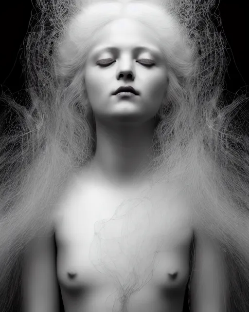 Image similar to monochrome, soft, dreamy, subsurface scattering, white, young beautiful goddess in cosmos with very long white hair floating in air, fluid smoke art, black and white, octane render, dino valls, mark ryden, joe fenton, michal karcz, highly detailed, rim light, art, cinematic lighting, very coherent, hyper realism, 8 k