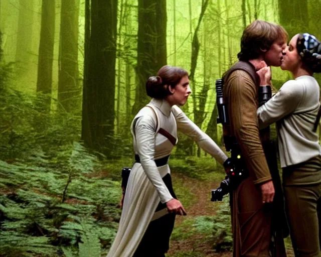 Image similar to luke skywalker, princess leia and han solo hugging and kissing in the forest of endor in a modern remake of return of the jedi