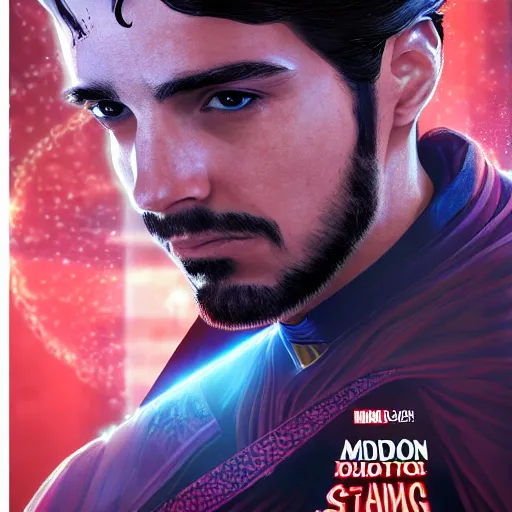 Image similar to a young middle eastern man with a goatie wearing doctor strange custom, movie promotion poster, comic book style, artstation, 4 k