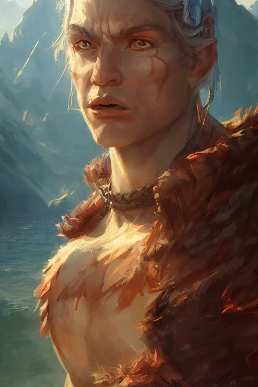 Prompt: dungeons and dragons character closeup portrait, dramatic light, lake background, 2 0 0 mm focal length, painted by stanley lau, painted by greg rutkowski, painted by stanley artgerm, digital art, trending on artstation