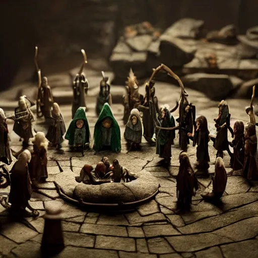 Prompt: claymation action shot of the council of the ring, lotr, dramatic lighting, creepy, dslr, tilt shift, extremely textured, realistic hyper detailed