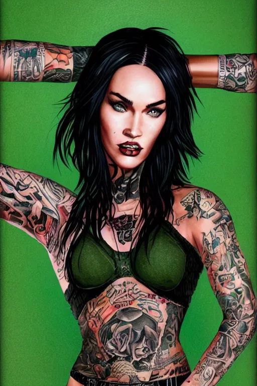 Prompt: upper body portrait megan fox as a punk woman with green mohawk, covered in neotraditional style tattoos, wearing a bold tees shirt, fishnets and a long tartan skirt, intimidating, max details, hyperrealistic, photorealistic, ultra - realistic, ultra - detailed, cinematic, 8 k resolution by alan lee